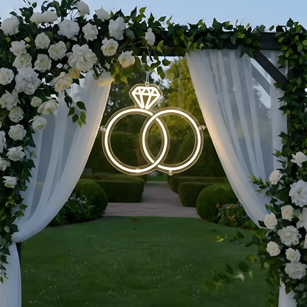 Custom LED neon sign as a wedding ceremony backdrop – perfect for vows, aisle moments, and romantic wedding decor in Australia.