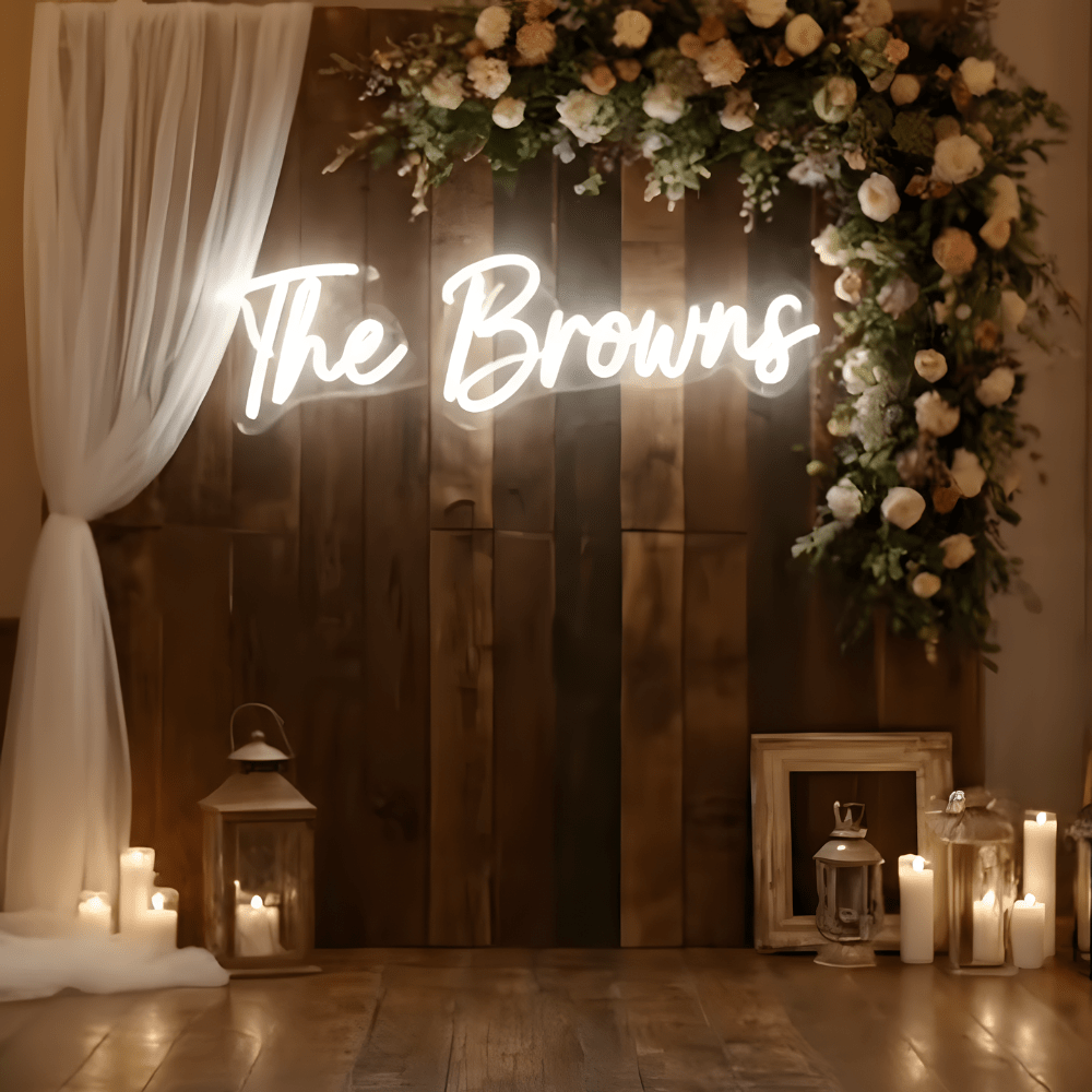 Custom LED neon sign featuring a couple’s name – perfect for weddings, receptions, and romantic home decor across Australia.