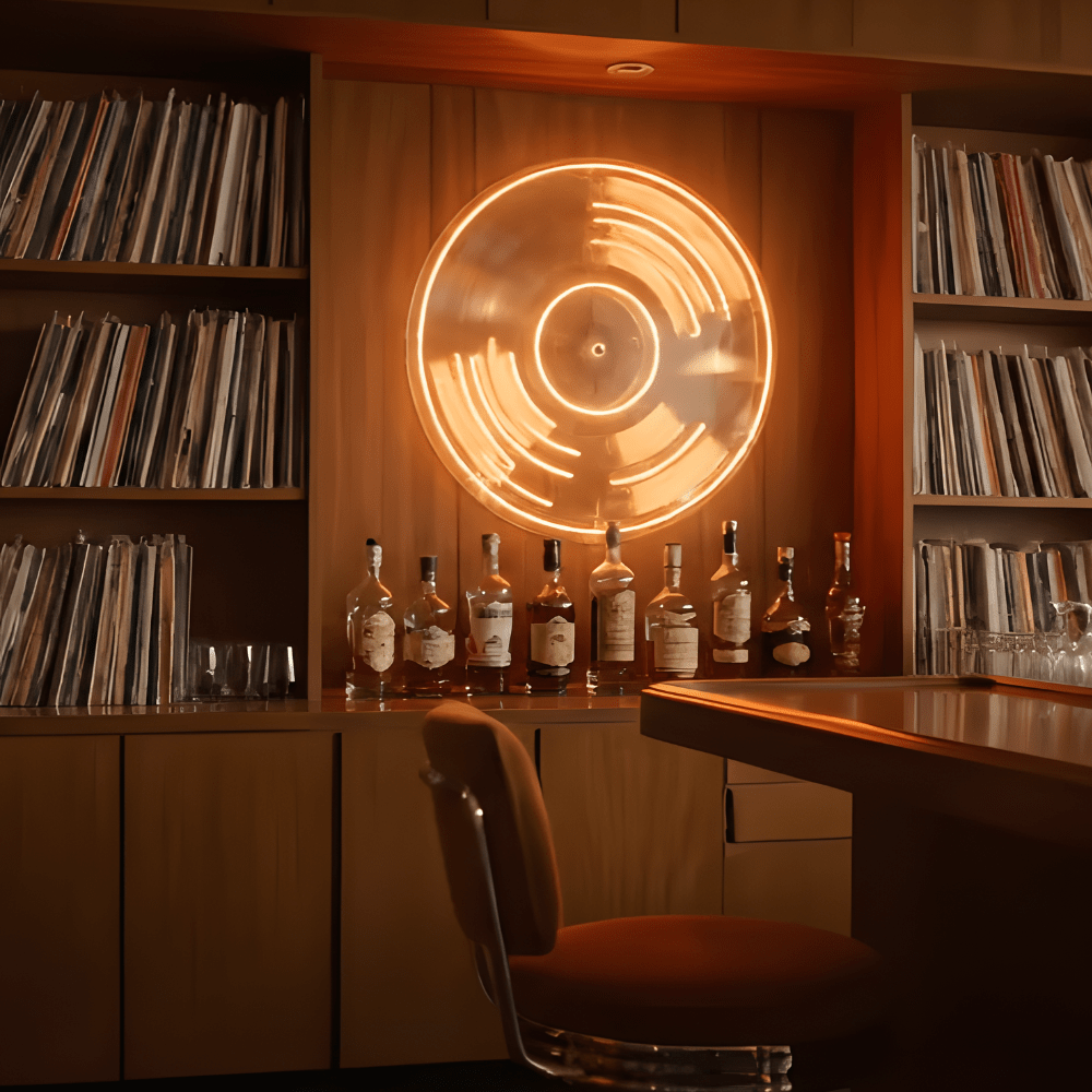 Custom LED neon sign in a DJ booth or music studio setup – perfect for events, entertainment spaces, and stage backdrops in Australia.