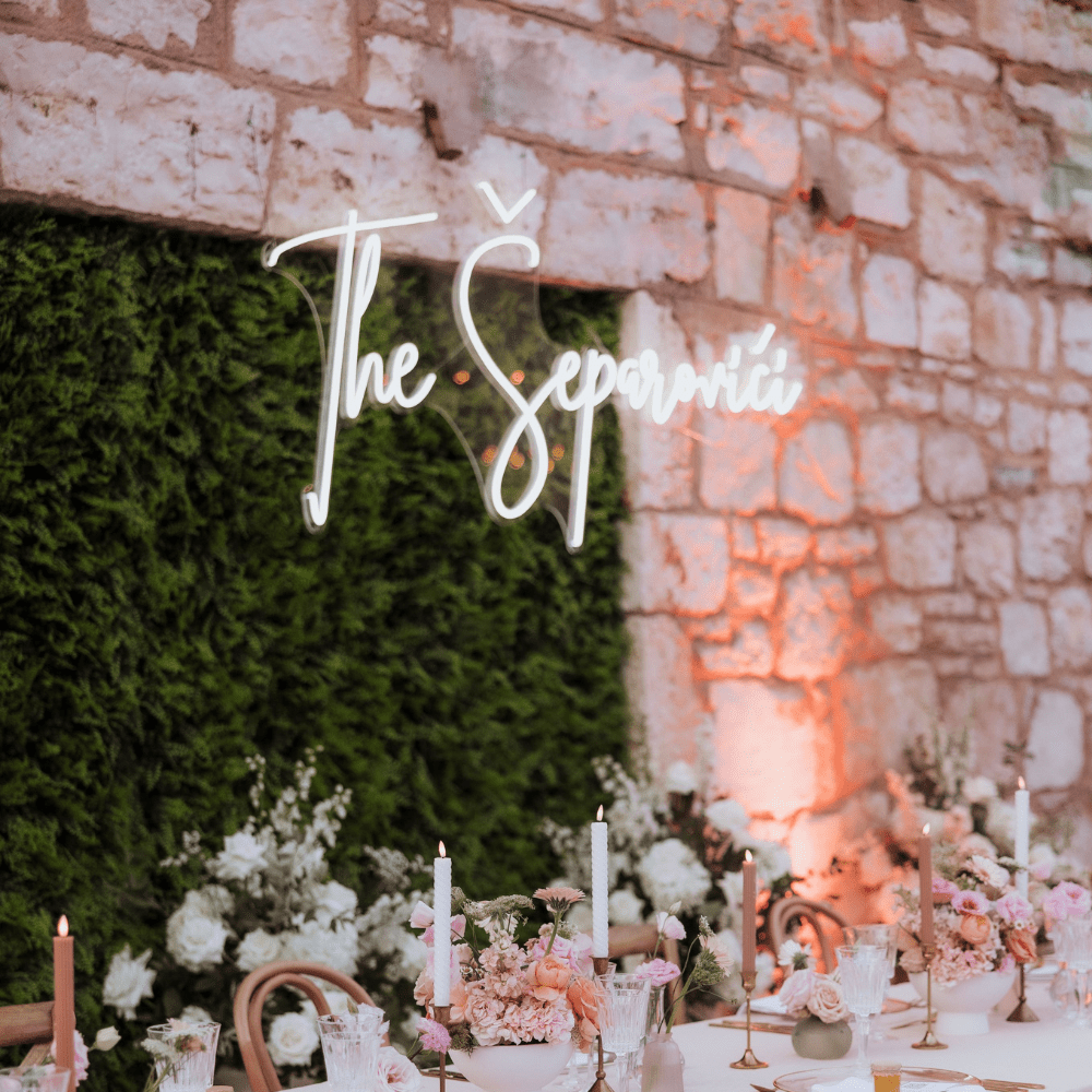 Custom LED neon sign at an event or wedding venue – perfect for parties, receptions, and stage backdrops in Australia.